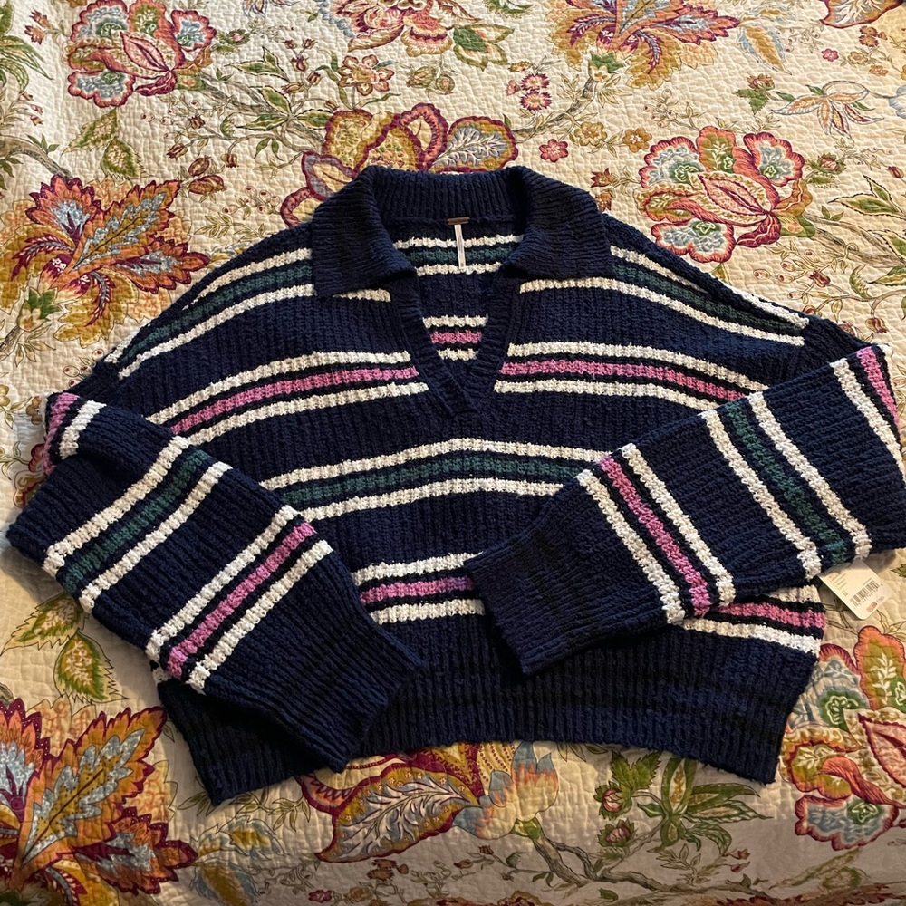 Free People Kennedy Stripe Sweater in midnight sail combo. Size medium.   NWT - Picture 5 of 7